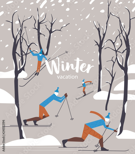 Beautiful vector winter season holidays outdoor activities. Abstract people skiing in mountains. Snow forest trees. Ski competition. Sport on Christmas vacations. Vector illustration background.
