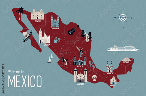 Fototapeta Mexico cartoon travel map vector illustration with landmarks and cities, roadmap