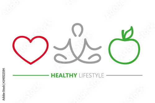 healthy lifestyle concept heart yoga and green apple vector illustration EPS10
