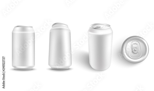 Vector illustration set of white blank aluminum can mockup from different angles for alcohol or fizzy drink branding and advertising in realistic 3d style - isolated metallic pack for beer or soda.