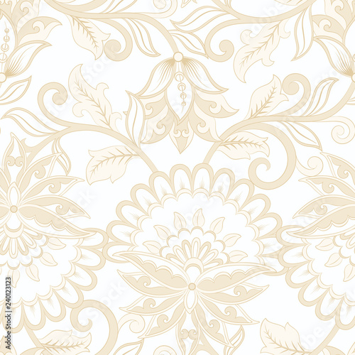 elegance seamless pattern with ethnic flowers and leaf, vector floral illustration in vintage style