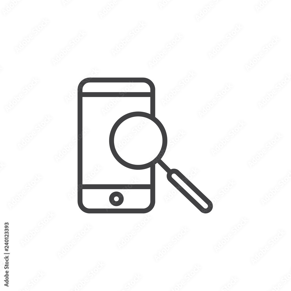 Mobile phone search outline icon. linear style sign for mobile concept and web design. Smartphone and magnifying glass simple line vector icon. Symbol, logo illustration. Pixel perfect vector graphics Mobile phone search outline icon. linear style sign for mobile concept and web design. Smartphone and magnifying glass simple line vector icon. Symbol, logo illustration. Pixel perfect vector graphics