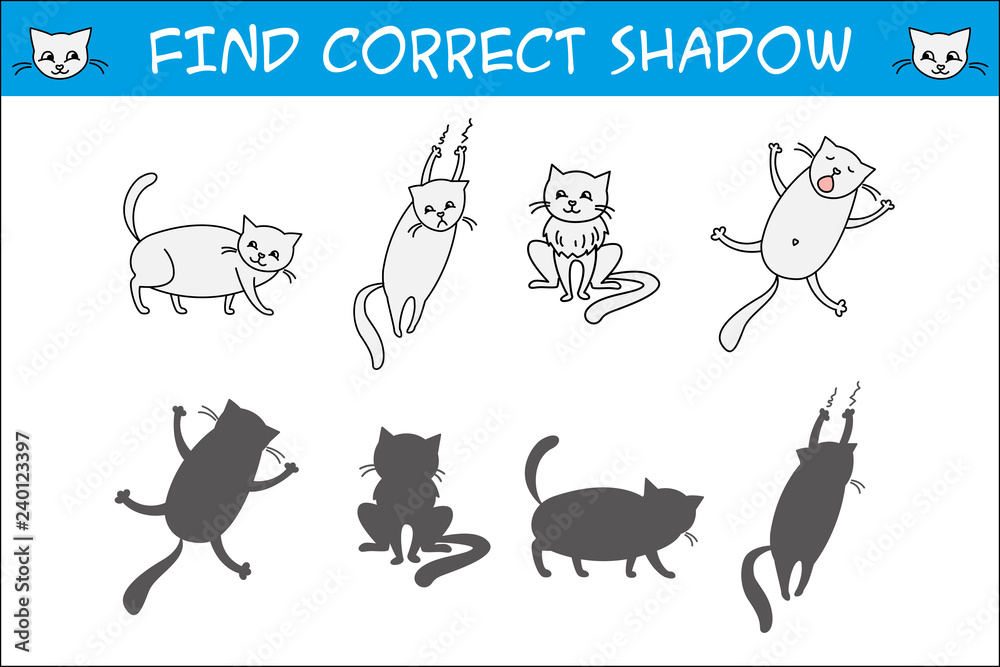 Naklejka premium Kids game with cats,find correct shadows,template page,