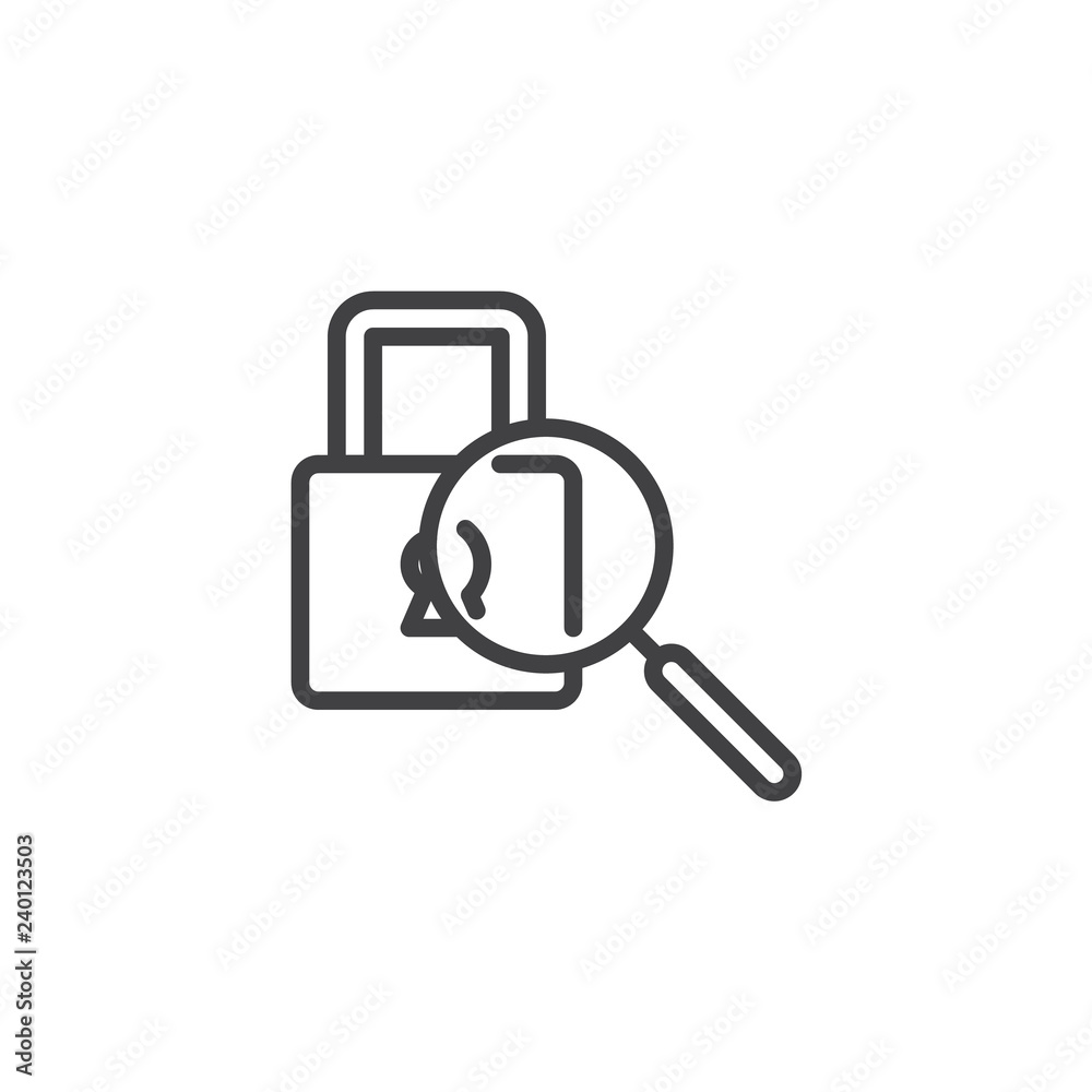 Security search outline icon. linear style sign for mobile concept and web design. Magnifier and lock simple line vector icon. Symbol, logo illustration. Pixel perfect vector graphics