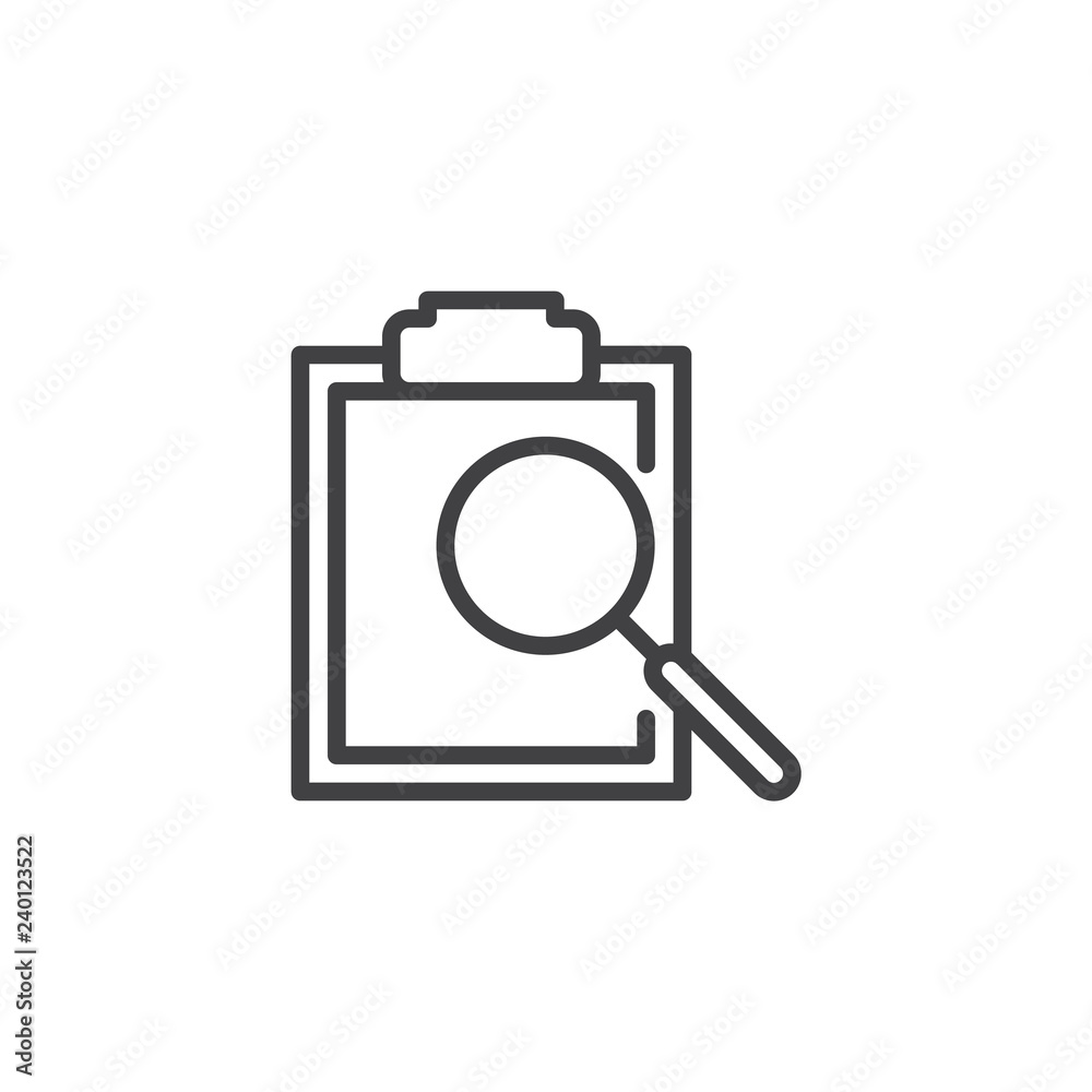 Search document outline icon. linear style sign for mobile concept and web design. Clipboard and magnifying glass simple line vector icon. Symbol, logo illustration. Pixel perfect vector graphics Search document outline icon. linear style sign for mobile concept and web design. Clipboard and magnifying glass simple line vector icon. Symbol, logo illustration. Pixel perfect vector graphics