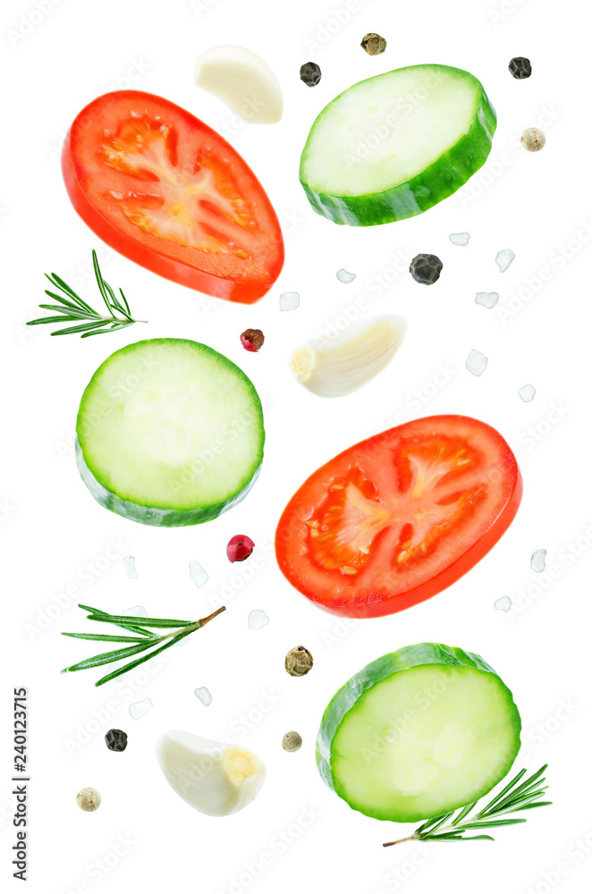Flying Cucumber slices with tomato slices Flying Cucumber slices with tomato slices