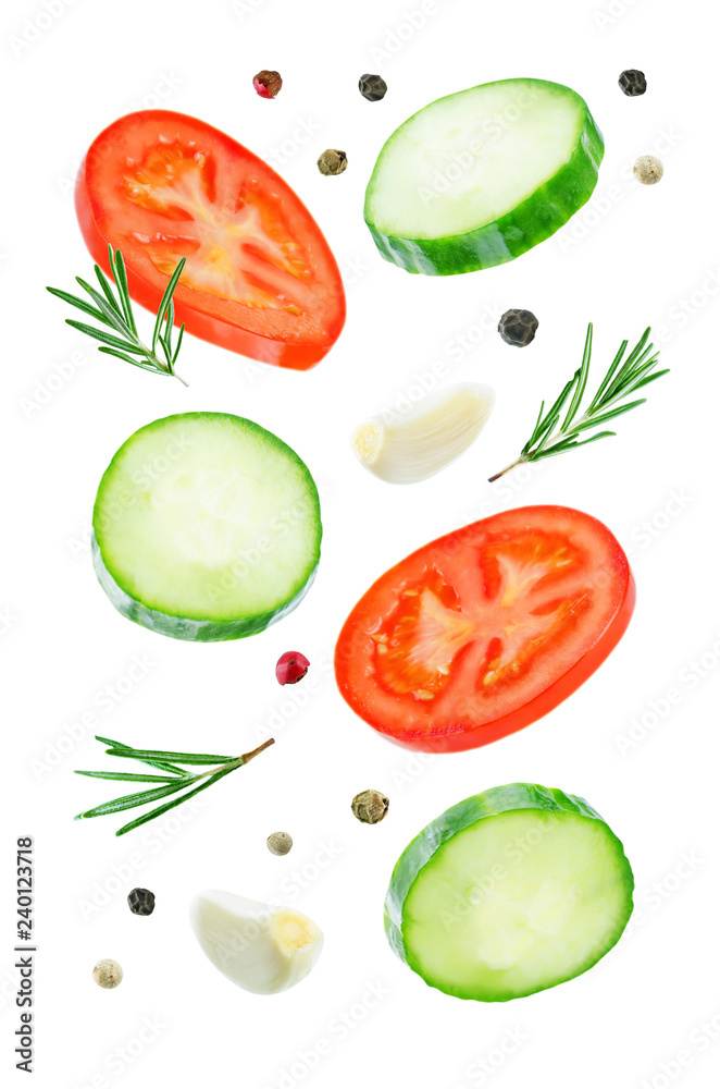 Flying Cucumber slices with tomato slices Flying Cucumber slices with tomato slices