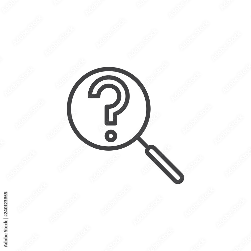 Question Search outline icon. linear style sign for mobile concept and web design. Magnifying Glass and question mark simple line vector icon. Symbol, logo illustration. Pixel perfect vector graphics Question Search outline icon. linear style sign for mobile concept and web design. Magnifying Glass and question mark simple line vector icon. Symbol, logo illustration. Pixel perfect vector graphics
