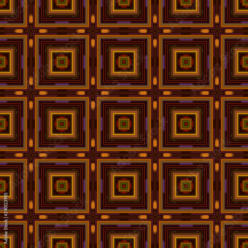 Seamless square pattern from geometrical abstract squares multicolored on a dark brown background. Vector illustration. Suitable for fabric, wallpaper and wrapping paper