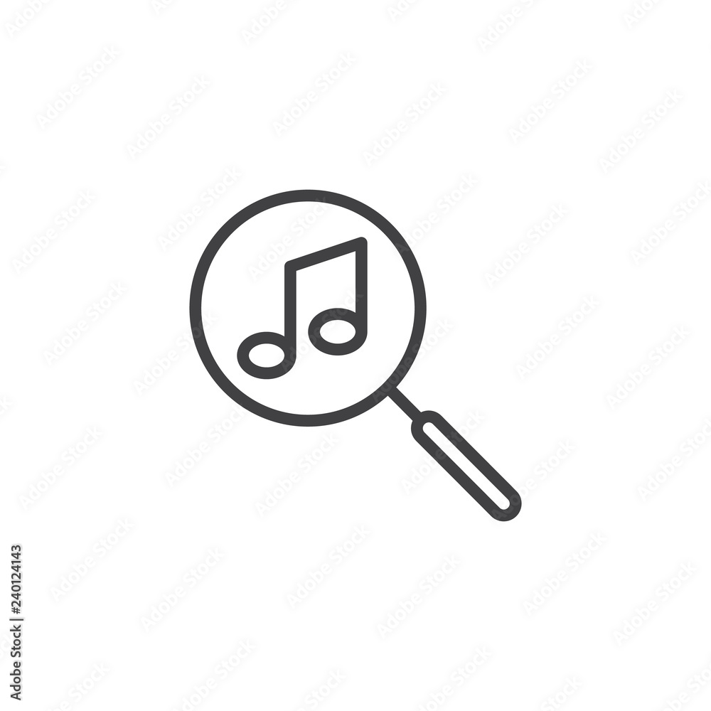 Music Search outline icon. linear style sign for mobile concept and web design. Musical note and magnifier glass simple line vector icon. Symbol, logo illustration. Pixel perfect vector graphics Music Search outline icon. linear style sign for mobile concept and web design. Musical note and magnifier glass simple line vector icon. Symbol, logo illustration. Pixel perfect vector graphics