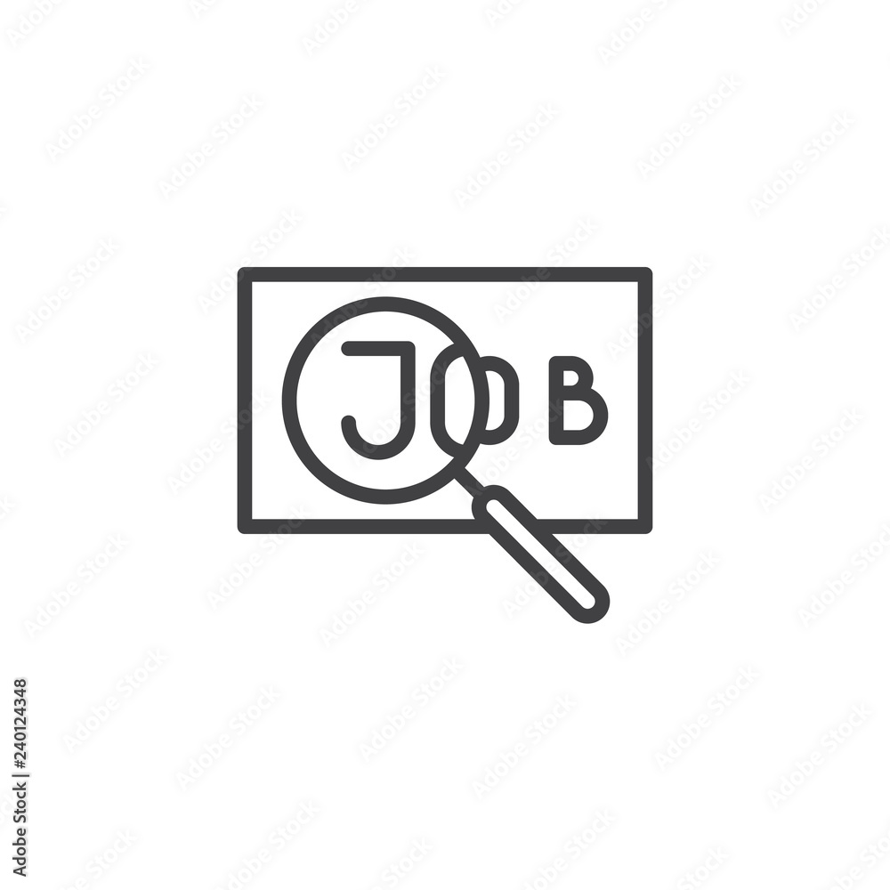 Job search outline icon. linear style sign for mobile concept and web design. Magnifier glass and job text simple line vector icon. Symbol, logo illustration. Pixel perfect vector graphics Job search outline icon. linear style sign for mobile concept and web design. Magnifier glass and job text simple line vector icon. Symbol, logo illustration. Pixel perfect vector graphics
