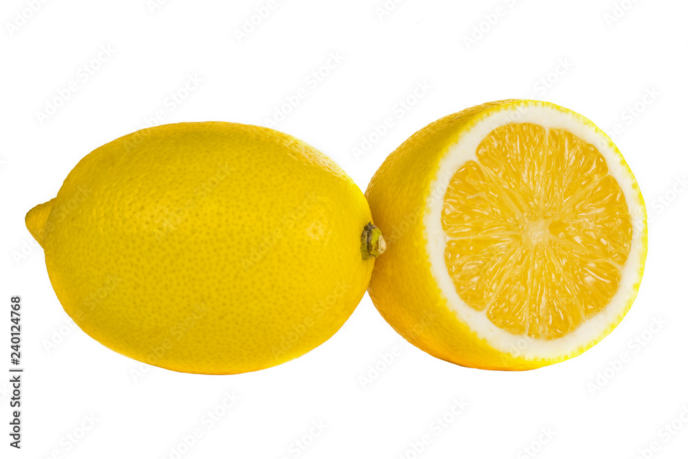 two lemons whole and one cut to half of the isolate on a white background without a shadow, macro. Ripe lemon and half close-up on a white background two lemons whole and one cut to half of the isolate on a white background without a shadow, macro. Ripe lemon and half close-up on a white background