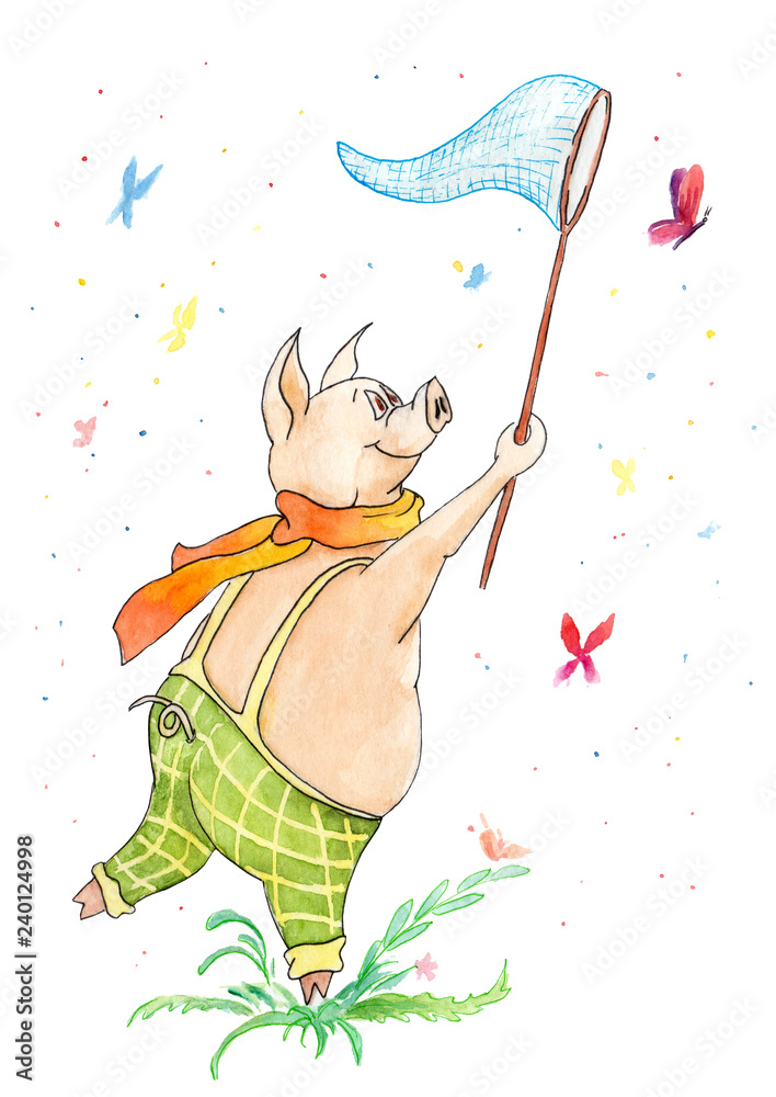 watercolor drawing of pig with a butterfly net and butterflies watercolor drawing of pig with a butterfly net and butterflies