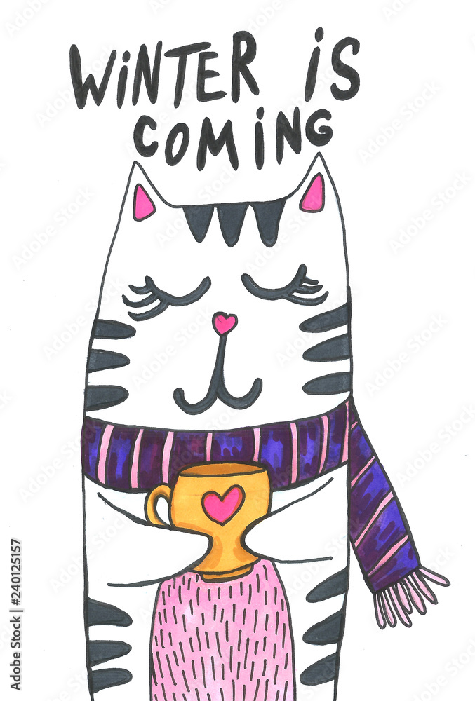 Hand drawn winter cat cute tea