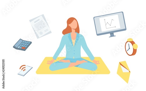 Vector beautiful blonde woman sitting in lotus posture practicing yoga with symbols of stress, timemanagement around. Female character at relaxation session. Concept of meditation, healthy lifestyle.