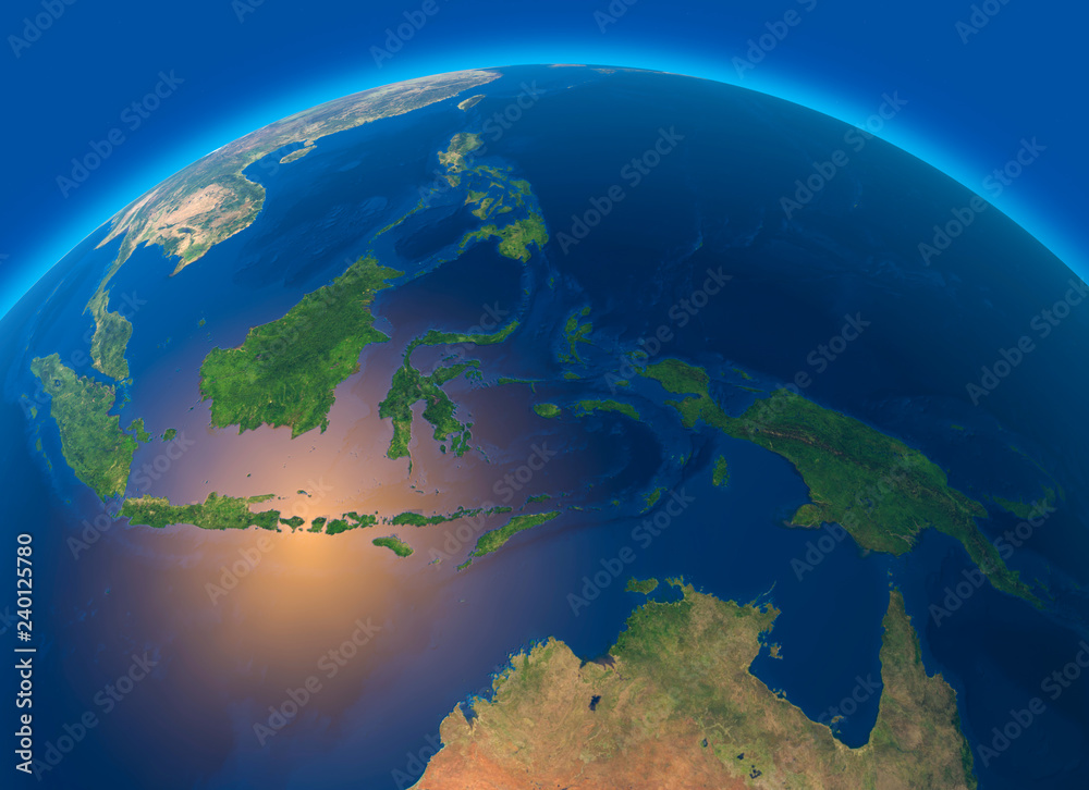 Mappa fisica del mondo, vista satellitare del Sud-est asiatico, Indonesia. Globo. Emisfero. Rilievi e oceani. Rendering 3d. Vulcani