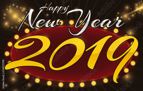 Illuminated Sign over Fireworks Display for 2019 New Year Party, Vector Illustration