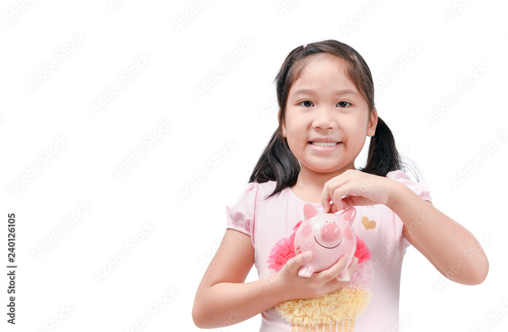 Happy cute asian girl holding pink piggy bank Happy cute asian girl holding pink piggy bank