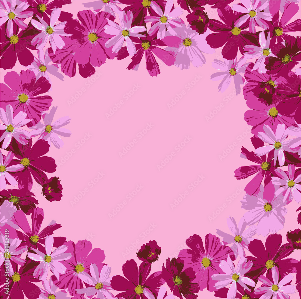 festive circle frame of pink and red flowers on a light background