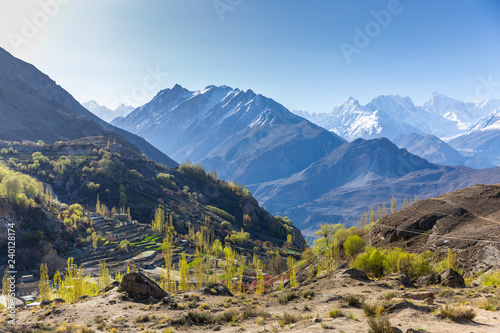 Scenic view of Hunza Valley in autumn between the Karakoram Mountain range in Pakistan