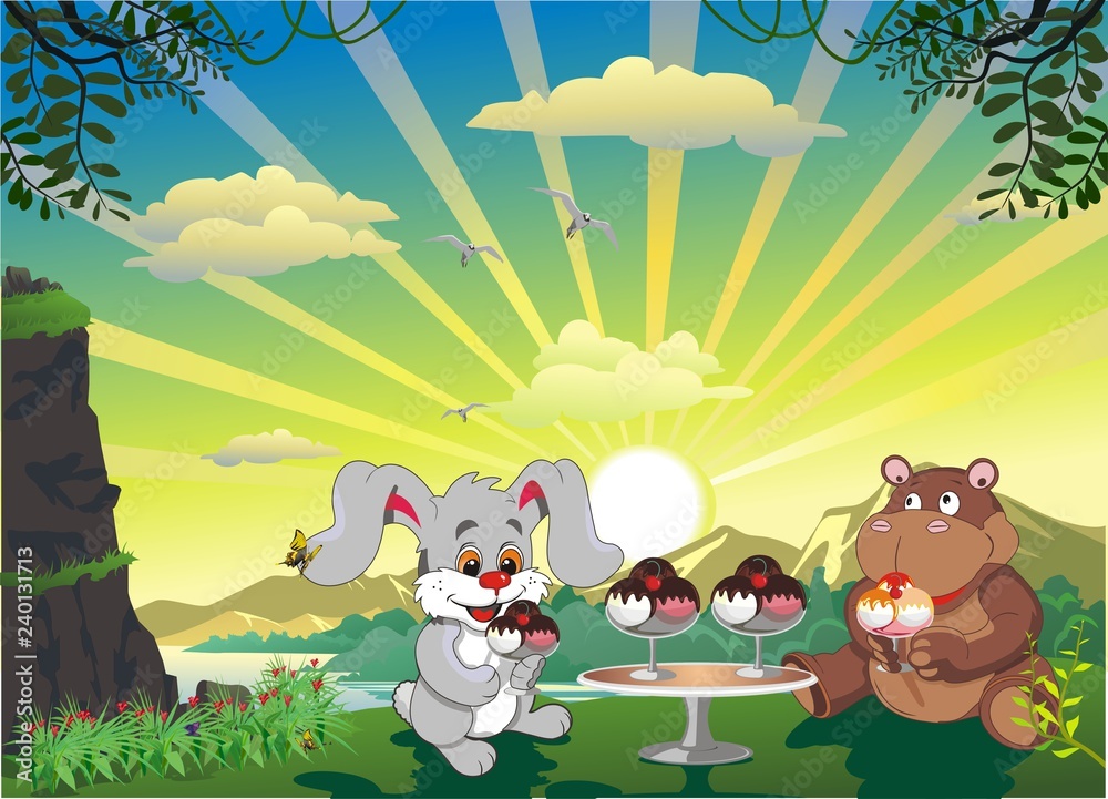 Naklejka premium Picture - Bunny And Hippo With Ice Cream Outdoors 