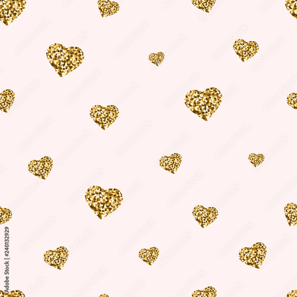 Hearts Pattern Of Gold Glitter. Valentine Day Golden Glittering