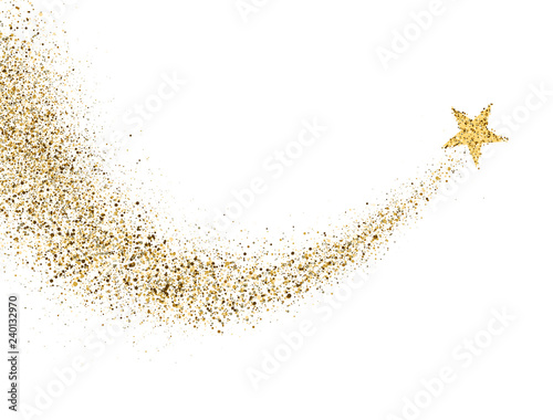 Star dust trail with glitter sparkling particles on white background. Gold glittering space comet tail. Cosmic wave. Golden shining star with dust tail. Festive backdrop. Vector illustration