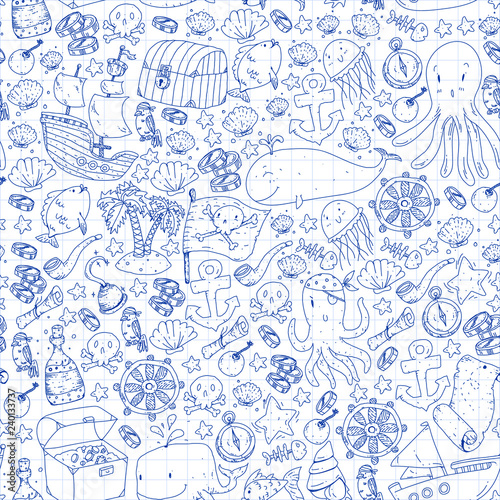 Vector pirate pattern for small boys and girls. Kindergarten, birthday party. Wallpaper for children room, wrapping paper.