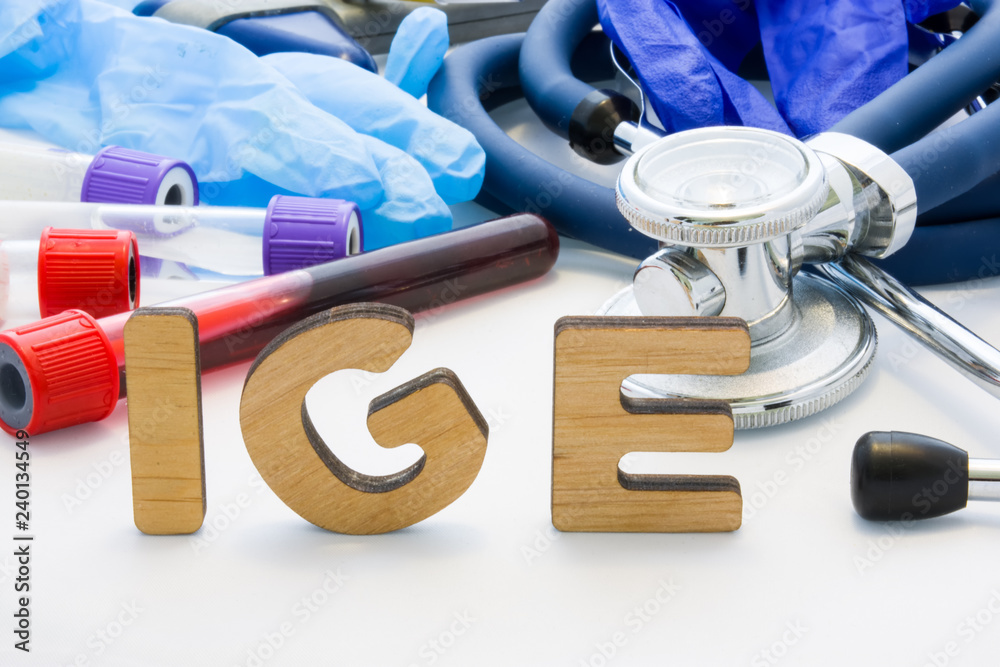 Medical abbreviation IGE in laboratory diagnostics. Letters, create