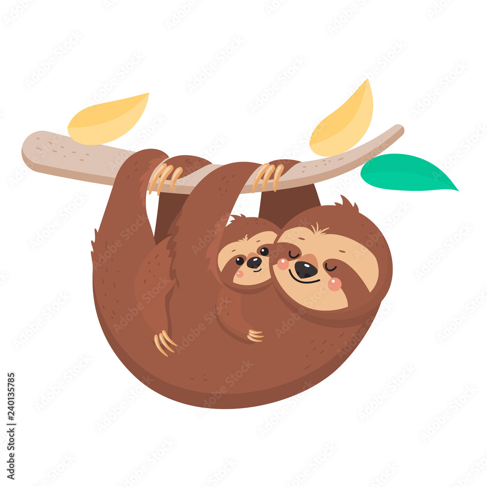 Obraz premium Joyful sloth hanging on a branch. Vector illustration. Cartoon slyle.Isolated on white background