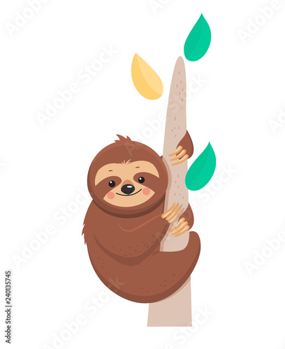 Joyful sloth hanging on a branch. Vector illustration. Cartoon slyle.Isolated on white background