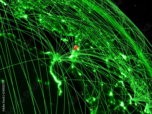 Lebanon from space on model of green planet Earth with network. Concept of green technology, connectivity and travel.