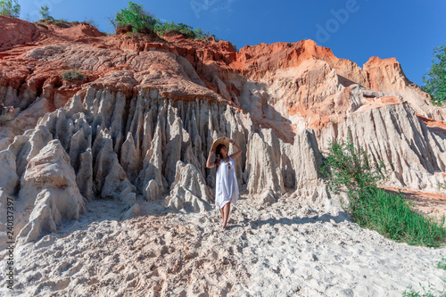 Portrait Asian Woman travel, Fairy Stream (Suoi Tien) Mui Ne, in Vietnam. photo