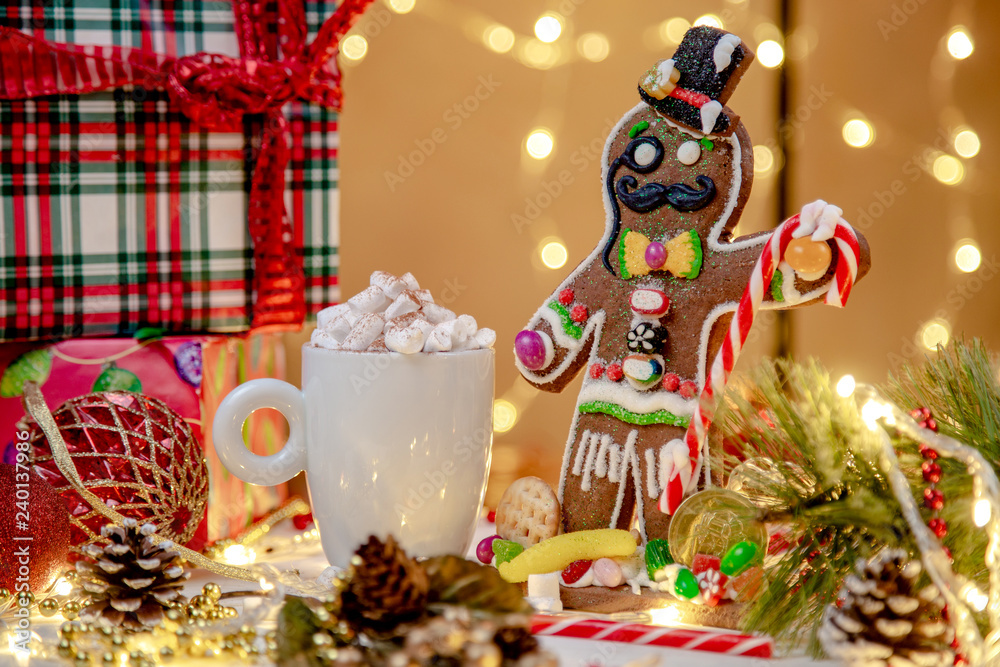 cocoa with marshmallows on a white background, Christmas mood, Christmas toys, Christmas cookies