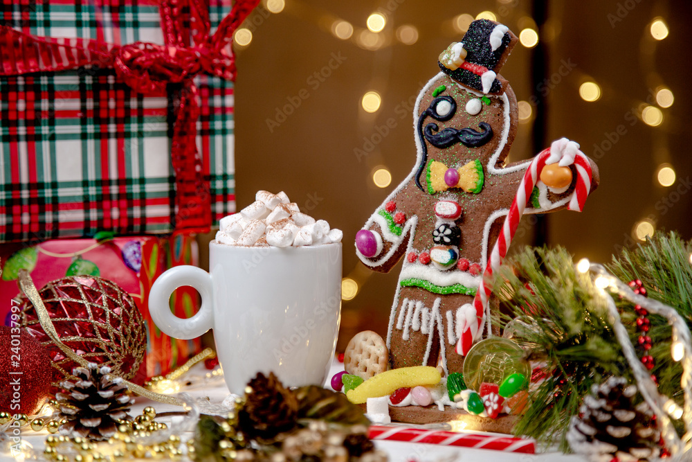 cocoa with marshmallows on a white background, Christmas mood, Christmas toys, Christmas cookies