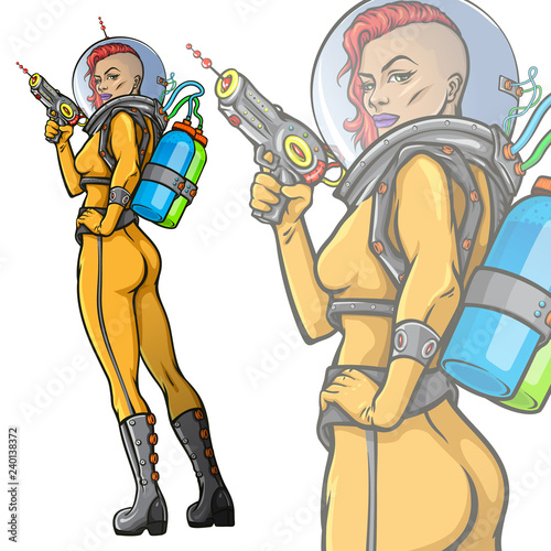 Retro futuristic female astronaut. Vector illustration of beautiful woman in yellow space suit holding laser blaster weapon. Pop art cartoon style mascot.