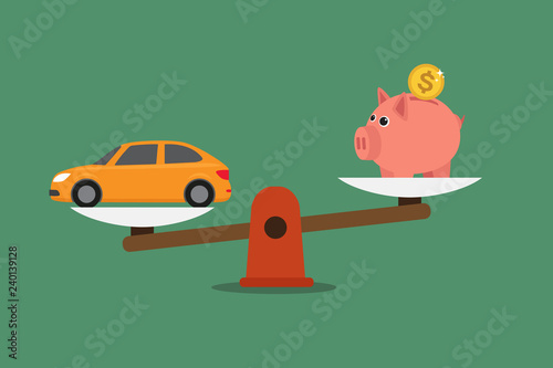 Scale with piggy bank and car