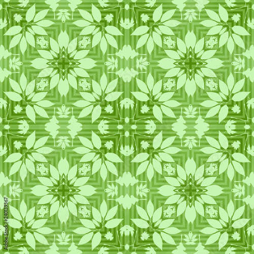 Seamless square pattern from mint and green geometrical abstract ornaments on a dark background. Vector illustration can be used for textiles, wallpaper and wrapping paper