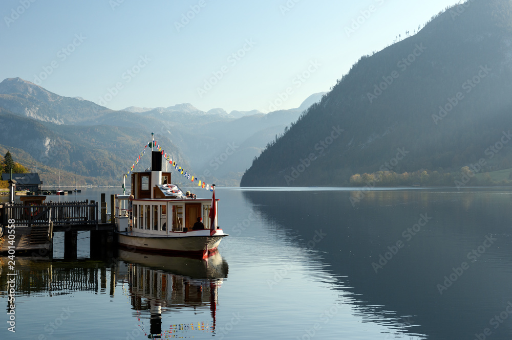 Passenger ship on the lake Grundlsee. Styria, Austria.