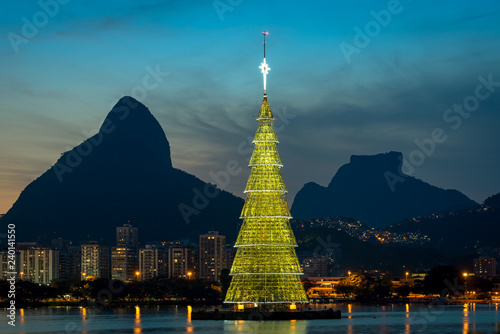 Christmas Tree in the middle of Rodrigo de Freitas lagoon in Rio de Janeiro city, Brazil photo
