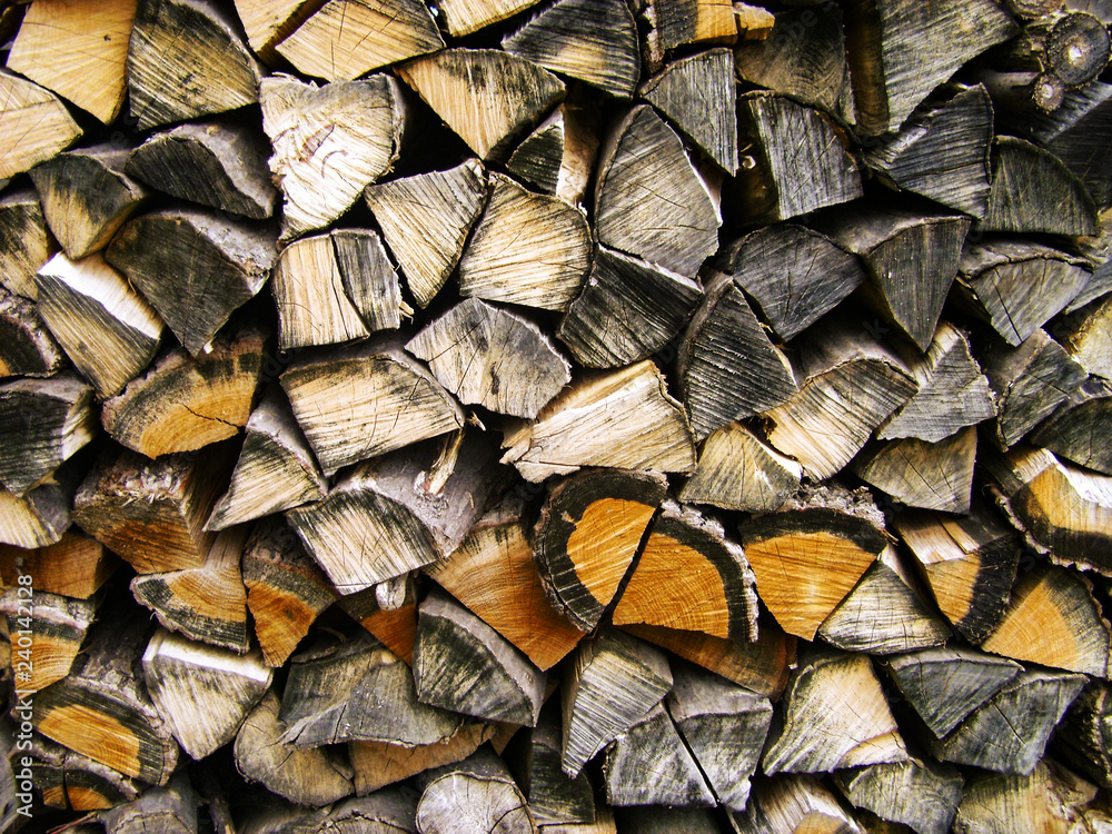 Fototapeta premium Firewood background, Stacks of firewood in the forest. Pile of firewood. Firewood Dry firewood in a pile for furnace kindling
