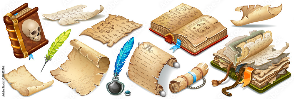 Naklejka premium Set isometric books of magic spells and witchcraft, royal scrolls and parchments, old sheets of paper for computer game. Fairy tale icon in cartoon style. Isolated 3d vector illustration.