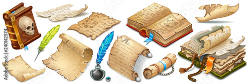 Set isometric books of magic spells and witchcraft, royal scrolls and parchments, old sheets of paper for computer game. Fairy tale icon in cartoon style. Isolated 3d vector illustration.