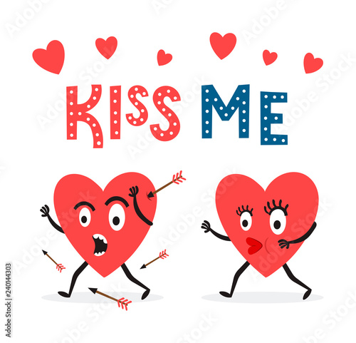 Heart runs away from a kiss. Сatch up with hearts. Hand Drawn Lettering "Kiss me". Valentine's Day Card
