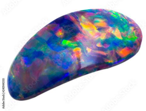 Polished natural colorful blue iridescent opal on white background isolated