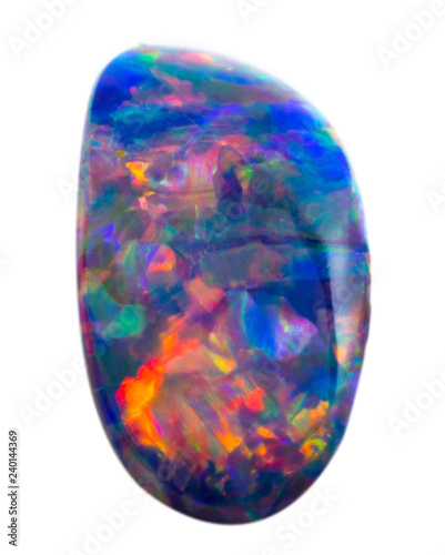 Polished natural colorful blue iridescent opal on white background isolated