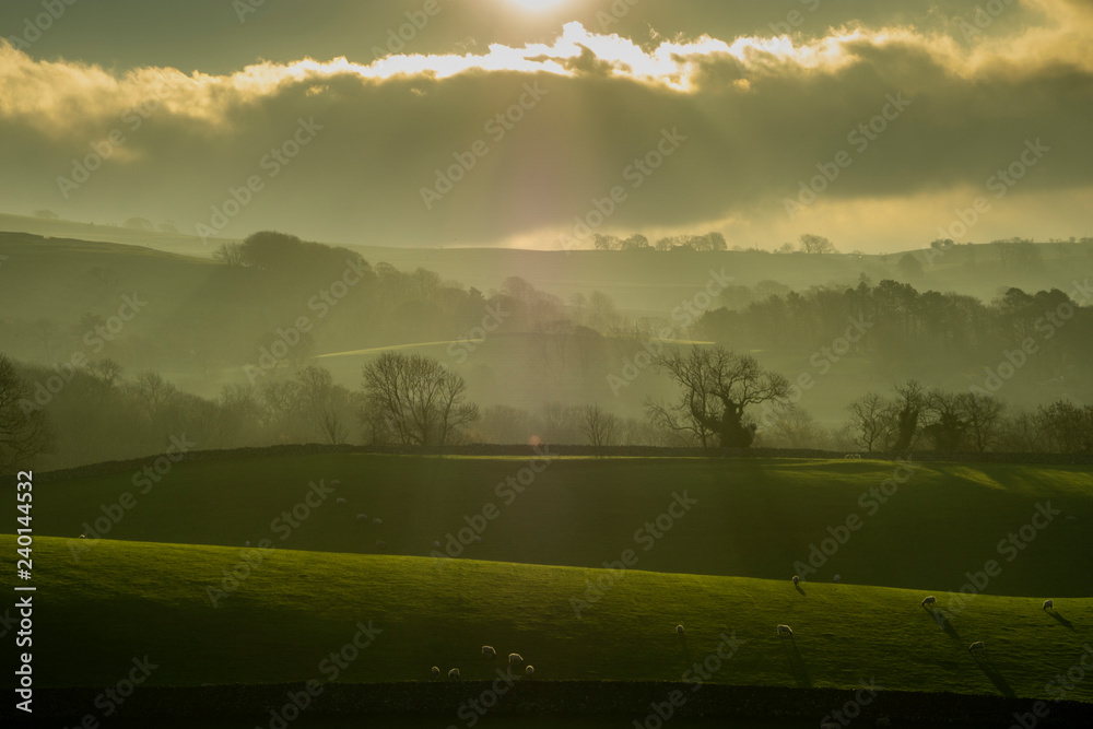 Early morning mist rises in the Yorkshire Dales