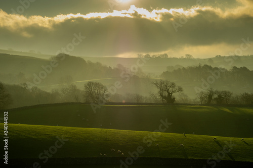 Early morning mist rises in the Yorkshire Dales