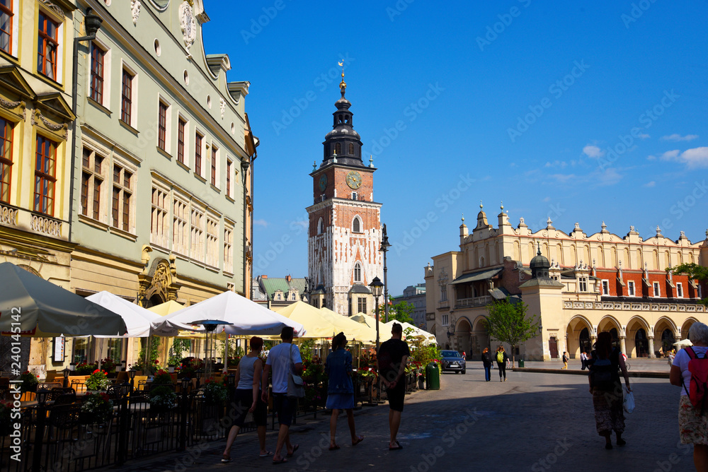 The Market Square in Poland is lined with cafes and bars and is the centre of activity in the city of Krakow