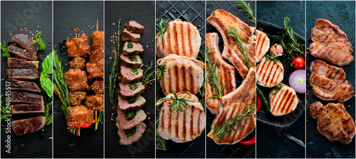 Collage. Steak and meat on a black background. Top view.